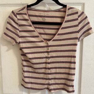 American Eagle Outfitters Ribbed & Striped Snap Front Short Sleeve Shirt
